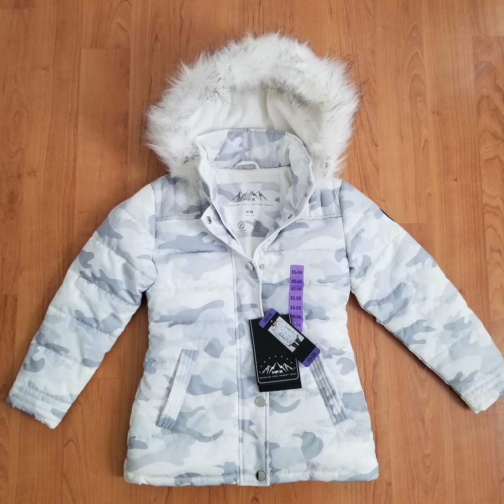 Kids Camouflage White and Gray Puffer Jacket with Faux Fur Hood